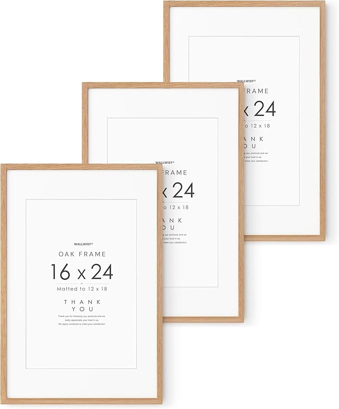 16x24 Wood Frame, Solid Oak 16x24 Poster Frames with Mat to 12x18(Openning Size is 11.7x17.7), Natural Oak 24x16 Frame, Set of 3