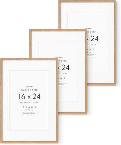 16x24 Wood Frame, Solid Oak 16x24 Poster Frames with Mat to 12x18(Openning Size is 11.7x17.7), Natural Oak 24x16 Frame, Set of 3