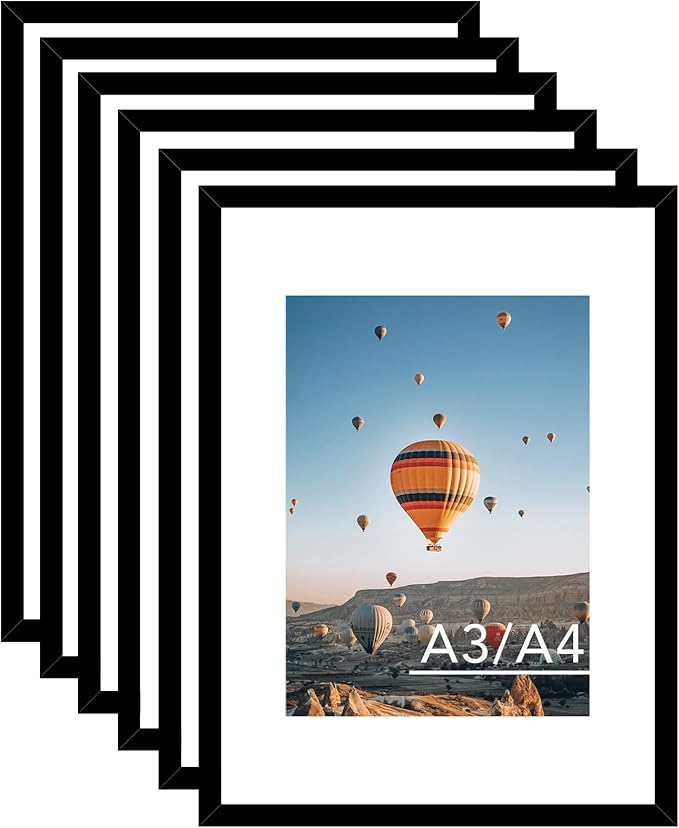 JCJMY 11.7x16.5 A3 Picture Frame Set of 6 Black with A4 Mat, Display Photo 8.3x11.7 with Mat or 11.7 x 16.5 Without Mat, Wall Hanging Large Frame with Plexiglass, 6 Pack, Black