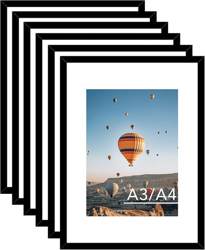 JCJMY 11.7x16.5 A3 Picture Frame Set of 6 Black with A4 Mat, Display Photo 8.3x11.7 with Mat or 11.7 x 16.5 Without Mat, Wall Hanging Large Frame with Plexiglass, 6 Pack, Black