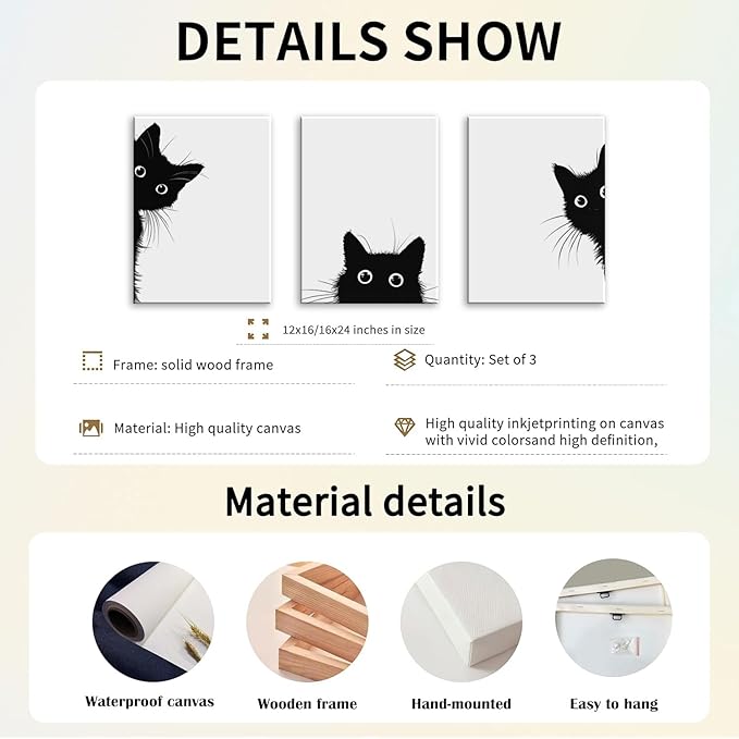 AOYUSMO 3 Piece Black Cat Canvas Wall Art Funny Animal Wall Art for Nursery Cute Picture Decor Minimalist Black And White Modern Prints for Children's Room Bedroom 16"x24" Framed
