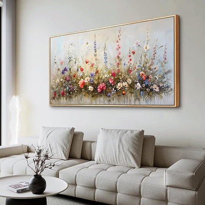 hyidecorart Wood Framed Canvas Print Wall Art Living Room Boho Wall Decor For Bedroom Farmhouse Pastel Watercolor Wild flowers Nature Field Landscape Wall Paintings Pictures Office Wall Art Decor