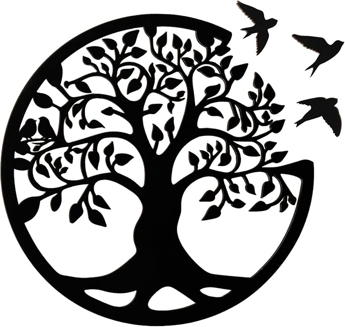 Tree of Life Wall Art Wooden Tree Life Wall Decor with Three Birds 12 Inch Round Family Tree Life Wall Hanging Plaque for Bedroom Living Room Kitchen Office Farmhouse Decor Indoor Outdoor (Round Tree of Life - Black)