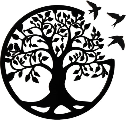 Tree of Life Wall Art Wooden Tree Life Wall Decor with Three Birds 12 Inch Round Family Tree Life Wall Hanging Plaque for Bedroom Living Room Kitchen Office Farmhouse Decor Indoor Outdoor (Round Tree of Life - Black)