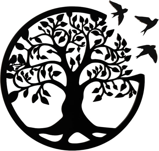 Tree of Life Wall Art Wooden Tree Life Wall Decor with Three Birds 12 Inch Round Family Tree Life Wall Hanging Plaque for Bedroom Living Room Kitchen Office Farmhouse Decor Indoor Outdoor (Round Tree of Life - Black)
