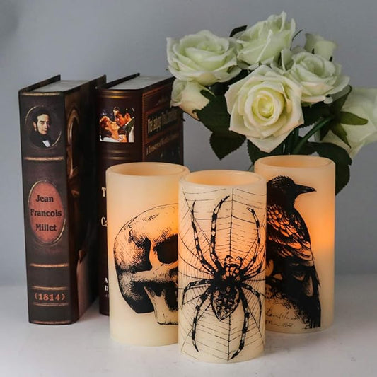 Halloween Flameless Flickering Candles Battery Operated with 6 Hour Timer White Real Wax Spooky LED Pillar Candles Skull Spider Crown Decals Hallloween Indoor Decor(3 x 6 Inches)