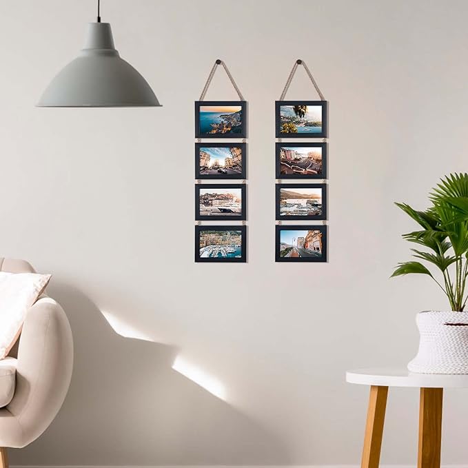 Lavezee 4x6 Hanging Collage Picture Frames Set of 2, Black 8 Opening Horizontal Frame Made to Display 4 x 6 Inch Photo for Wall Decor