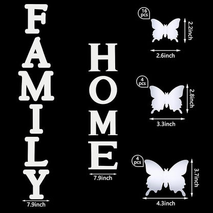 Outus 3D Family Home Sign Letters Living Room Decor Family Rustic Farmhouse Wall Decor Acrylic Mirror Decorative Butterfly Mirror Wall Sticker Decals for Living Room Bedroom Kitchen (Silver)