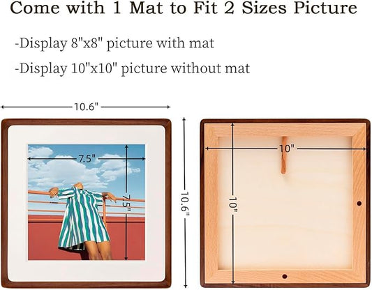 FLECHAZO 10x10 Picture Frame, Natural Walnut Wood 10x10 Frame with Mat for Pictures 8x8, Square Wall Gallery Photo Frame for Wall Mounting and Tabletop Display