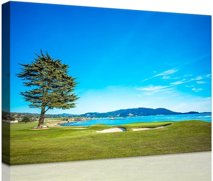 Pebble Beach Golf Course 18th Hole Green Wall Art for Living Room Bedroom Bathroom Home Decorations Golf Course Picture Poster Canvas Prints Modern Framed Artwork Ready to Hang(18''H x 24''W)