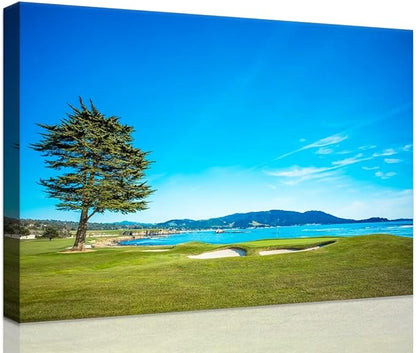 Pebble Beach Golf Course 18th Hole Green Wall Art for Living Room Bedroom Bathroom Home Decorations Golf Course Picture Poster Canvas Prints Modern Framed Artwork Ready to Hang(18''H x 24''W)