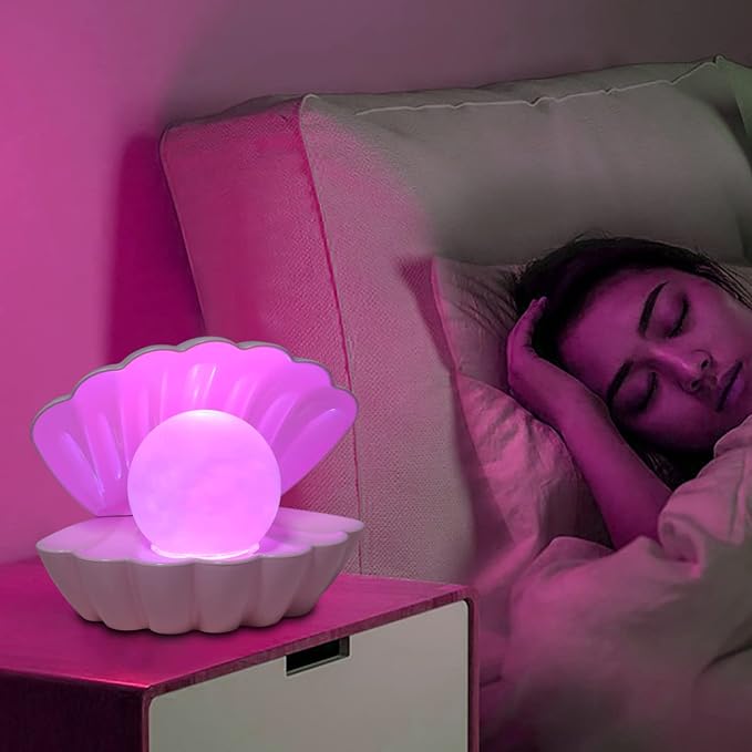 LKUA Shell Pearl Beach Themed Night Light, RGB 8 Colors Changing Mood Shell Pearl Lamps, Bedside LED Clamshell Portable Night Lights for Bar (Pink)