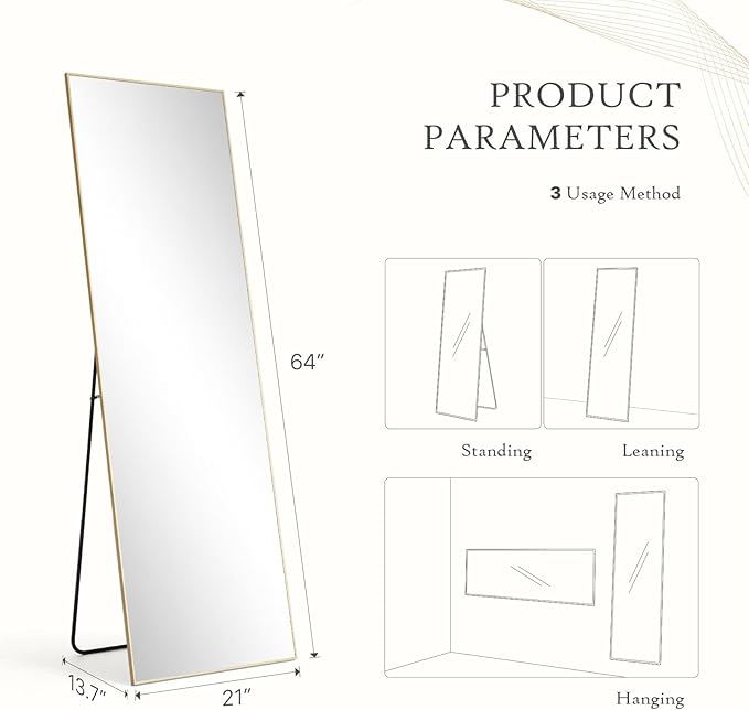 Mirror Full Length, Upgraded 21"x64" Body Wall Mirrors with Shatter-Proof Glass, Floor Standing, Hanging or Leaning, Tall Mirror with Stand Aluminum Alloy Frame for Bedroom, Gold