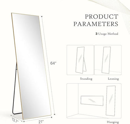 Mirror Full Length, Upgraded 21"x64" Body Wall Mirrors with Shatter-Proof Glass, Floor Standing, Hanging or Leaning, Tall Mirror with Stand Aluminum Alloy Frame for Bedroom, Gold