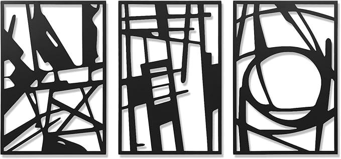 AMAATE 3 Piece Modern Abstract Black Metal Wall Art, Minimalist Geometric Line Art Wall Sculptures, Hollow Out Metal Hanging Decor for Living Room Bedroom Office Home Decor, 14.6" X 22.5" in
