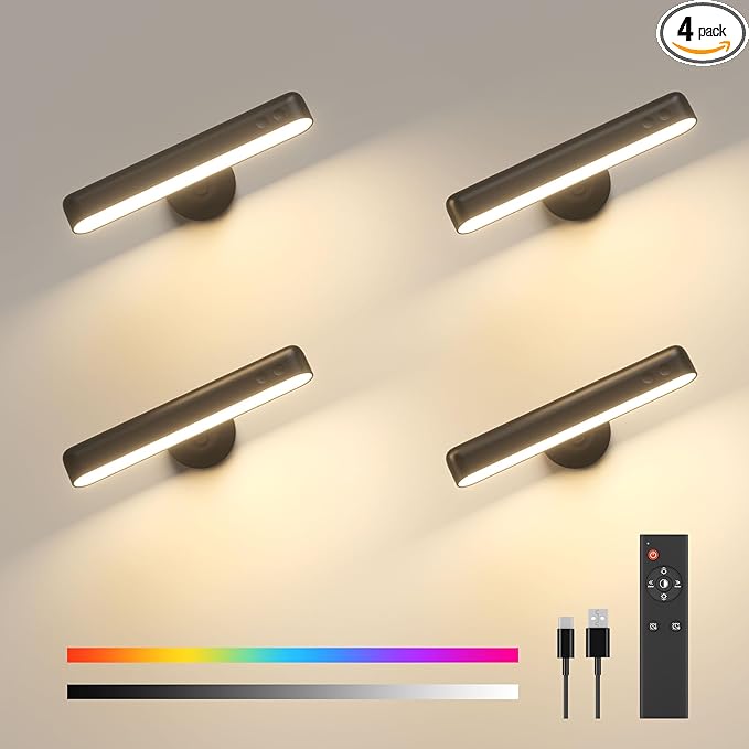 PopoIron Rechargeable LED Wall Sconces 7500mAh Battery Operated Wall Lamps for Bedroom, Touch and Remote Control, 3 Colors Wall Lights 360° Rotate Dimmable Brightness with 15 RGB Colors,Black 4 Pack