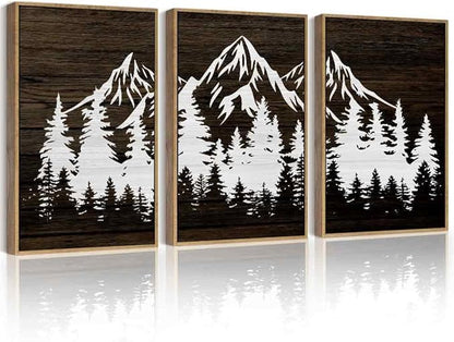 PHOPAGO Mountains Tree Framed Wall Art Large 16x24in Boho Forest Nature Landscape Artwork Paints Morden Country Woodcut Wood Wall Decor Rustic Home Decor - Natural Framed