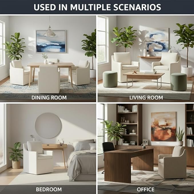 KISLOT Upholstered Dining Chairs Set of 4, Modern Dining Room Chairs with Casters & Washable Cover, Rolling Accent Chair with Hidden Storage for Kitchen, Farmhouse, Living Room, Linen Fabric, 4 Box