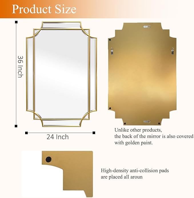 36 * 24 Beveled Gold Rectangular Mirror for Wall, Traditional Art Decorative Vanity Mirror for Bathroom Living Room Bedroom Kitchen Entrance