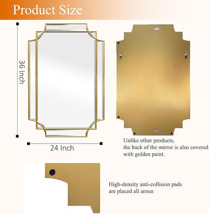 36 * 24 Beveled Gold Rectangular Mirror for Wall, Traditional Art Decorative Vanity Mirror for Bathroom Living Room Bedroom Kitchen Entrance