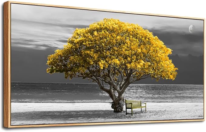 hyidecorart Framed Canvas Wall Art, 30x60in Yellow Trees, Living Room Wall Decor, Natural Wood Frames