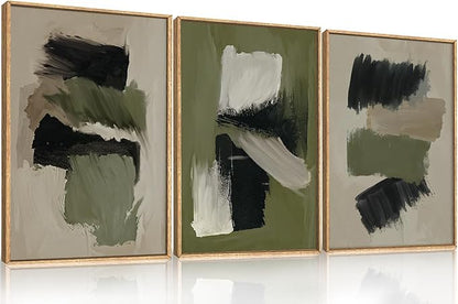 Green Abstract Framed Canvas Wall Art Set, Modern Brush Strokes Wall Decor,Neutral Tone Minimalist Green and Black Color Block Art Print for Living Room,Bedroom,Dining Room, Office-24 x36 x3