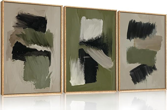 Green Abstract Framed Canvas Wall Art Set, Modern Brush Strokes Wall Decor,Neutral Tone Minimalist Green and Black Color Block Art Print for Living Room,Bedroom,Dining Room, Office-24 x36 x3
