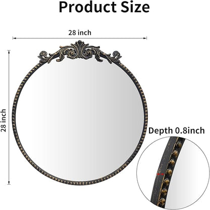 Round Mirror, 28''Baroque Style Circle Mirror Vintage Black Metal Frame Wall Mirrors for Vanity, Bathroom or Bedroom