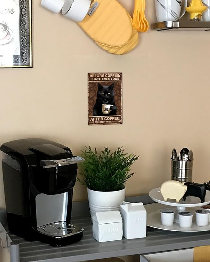 ALKB Funny Black Cat Sign, Vintage Coffee Sign - Before Coffee I Hate Everyone Wall Decor, 8x12 Inch