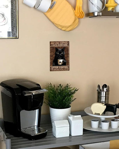 ALKB Funny Black Cat Sign, Vintage Coffee Sign - Before Coffee I Hate Everyone Wall Decor, 8x12 Inch