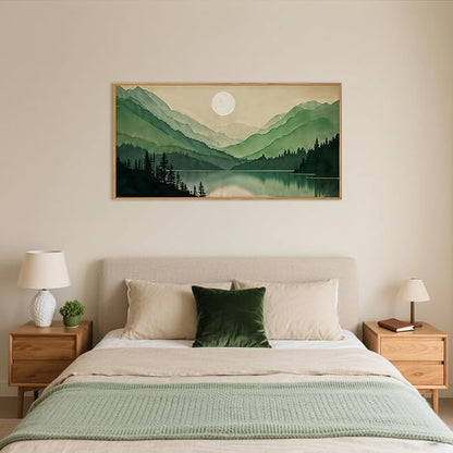 Watercolor Mountain Framed Canvas Wall Art Set, Boho Sun Forest Wall Decor, Green Scenery Wall Painting, Modern Woodland Artworks for Living Room, Bedroom, Dining Room, Office-20 x40x1