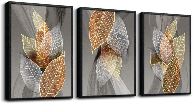 Black Framed Canvas Wall Art For Living Room Wall Decorations For Kitchen Bedroom Wall Decor Abstract Leaves Painting Inspirational Pictures Artwork Bathroom Home Decor of 3 Piece Framed Art Prints