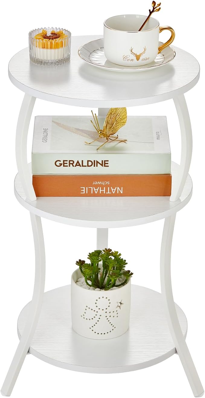 YEAKOO Vintage Small Round Side Table, 3-Tier Slim Waist Circular End Table with Storage Shelf, Compact Tea Sofa Table, Round Corner Coffee Table Nightstand for Living Room Bedroom Small Spaces,White