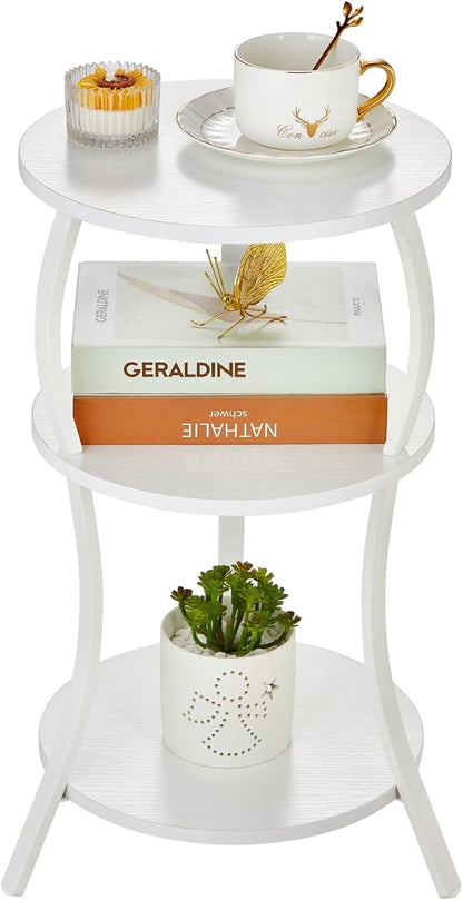 YEAKOO Vintage Small Round Side Table, 3-Tier Slim Waist Circular End Table with Storage Shelf, Compact Tea Sofa Table, Round Corner Coffee Table Nightstand for Living Room Bedroom Small Spaces,White