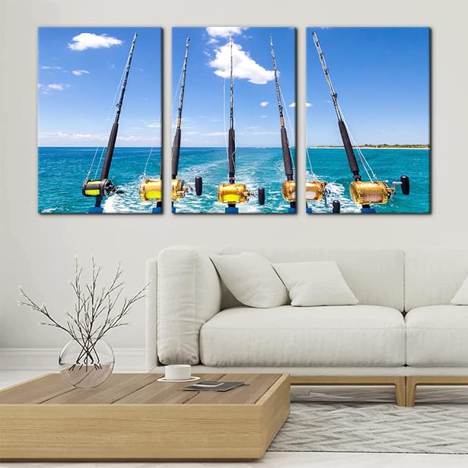 3 Pieces Canvas Wall Art Row of Five Fishing Rod and Reel Pictures Blue Seascape Wall Paintings for Living Room Bedroom Fishing Tackle Artwork HD Prints Modern Home Decor Framed - 16"x24"x3 Panel