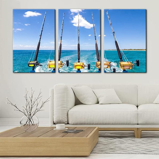 3 Pieces Canvas Wall Art Row of Five Fishing Rod and Reel Pictures Blue Seascape Wall Paintings for Living Room Bedroom Fishing Tackle Artwork HD Prints Modern Home Decor Framed - 16"x24"x3 Panel