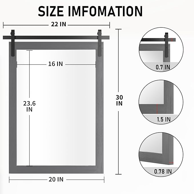 Farmhouse Wall Mirror, Rustic Wood Frame Bathroom Mirror Barn Door Inspired Decorative Vanity Dress Mirrors for Living Room Entryway, 22x30 INCH Gray Vertical