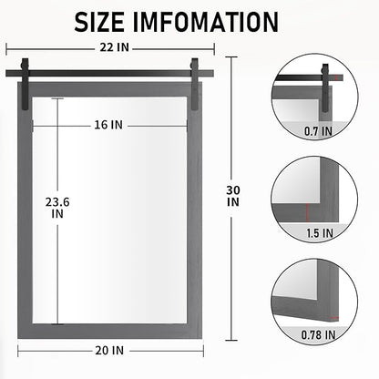 Farmhouse Wall Mirror, Rustic Wood Frame Bathroom Mirror Barn Door Inspired Decorative Vanity Dress Mirrors for Living Room Entryway, 22x30 INCH Gray Vertical