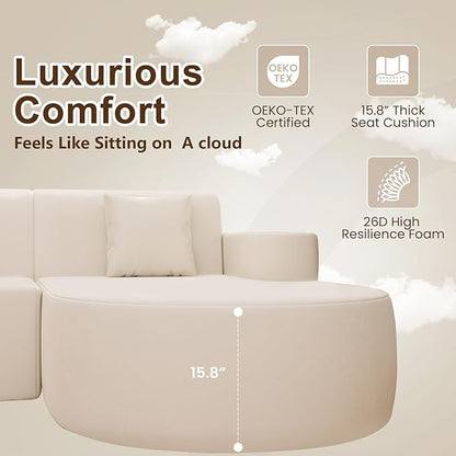 MELLCOM Modern 93" Curved Boneless Sofa Couch, L-Shaped Corner Sofa, No Assembly Needed, Chenille Upholstered Cloud Sectional Couch for Living Room,Apartment and Bedroom (Beige, Right Hand Facing)
