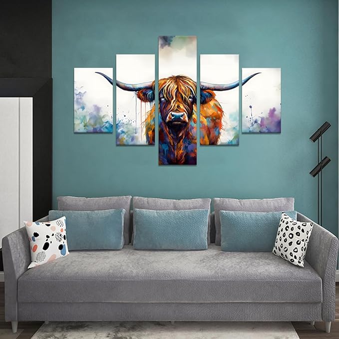 Yatsen Bridge Graffiti Cow Pictures 5 Panels Highland Cow Wall Art Farmhouse Posters Canvas Prints Painting Animal Wall Decor Artwork Home Office Framed Ready to Hang - 60''W x 40''H