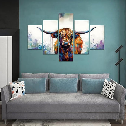 Yatsen Bridge Graffiti Cow Pictures 5 Panels Highland Cow Wall Art Farmhouse Posters Canvas Prints Painting Animal Wall Decor Artwork Home Office Framed Ready to Hang - 60''W x 40''H