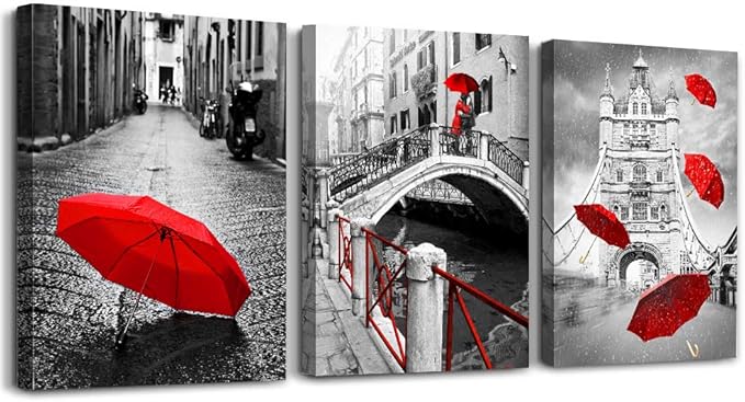 AHUAART Wall Art for Living Room Bathroom Decorations Bedroom Wall decor 3 Piece Framed Artwork modern Canvas Print Office Home Decoration Black and white landscape building red umbrella wall painting