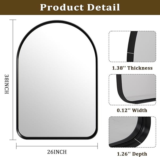 Easly 38"x26" Arched Bathroom Mirror - Modern Black Mirror for Wall with Rounded Corners, Bathroom Mirror for Vanity, Aluminum Alloy Framed Mirror - for Living Room, Bedroom, Cloakroom