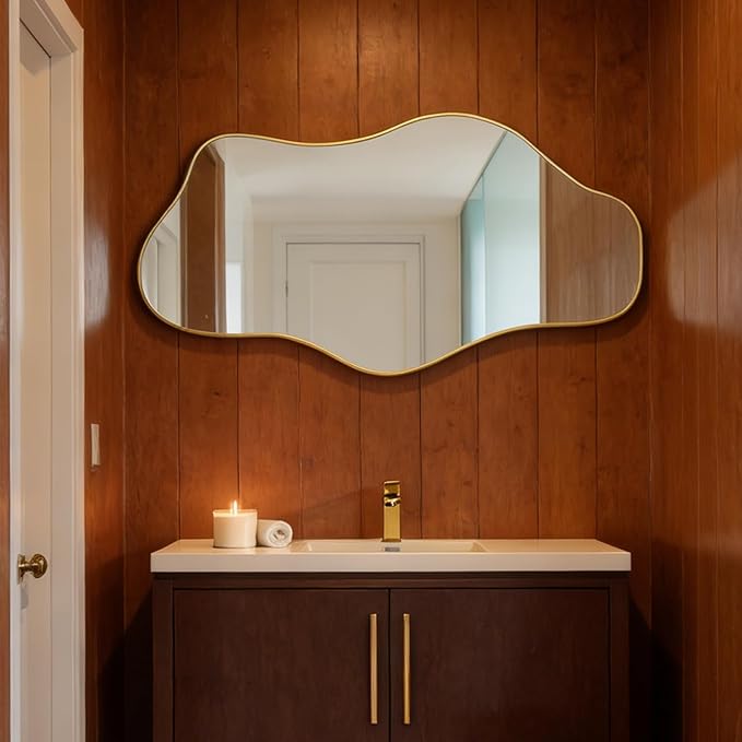 Gold Irregular Wall Mirror, 35.8"x17.7" Asymmetrical Tempered Glass Mirror, Modern Abstract Frameless Cloud Mirrors for Living Room Bedroom Entryway, Horizontal or Vertical Hanging