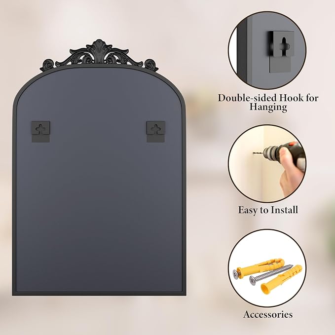 Koonmi Vintage Mirror, 26x38 Retro Wall Mounted Vanity Mirror, Tempered Glass, Detachable Flower Head, Black Antique Decorative Arched Mirrors for Bathroom Entryway Fireplace Hallway