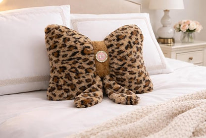 Leopard Print Bow Pillow 16x12 Inch, Cute Plush Bow Shaped Decorative Accent Pillow, Animal Print Room Decor for Bedroom Bed Sofa Chair