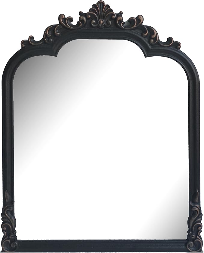 Black Arched Wall Mirror, Antique Baroque Wall Mirror Decoration, Fireplace/Entrance/Living Room/Bedroom/Kitchen/Farmhouse/Bathroom Home Decor。(Black)
