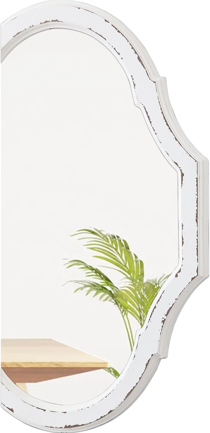 Vintage Oval Bathroom Mirror 22 X 30 Inch, Hanging Distressed White Rustic Scalloped Decorative Wall Mirrors, Unique Wood Mirrors for Wall Decor Living Room Entryway, Horizontal or Vertical