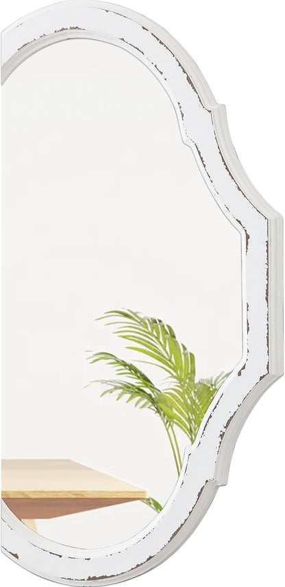 Vintage Oval Bathroom Mirror 22 X 30 Inch, Hanging Distressed White Rustic Scalloped Decorative Wall Mirrors, Unique Wood Mirrors for Wall Decor Living Room Entryway, Horizontal or Vertical