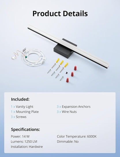 Combuh LED Bathroom Light Fixtures Over Mirror 24 Inch 14W, Black Vanity Lights Bar for Bathroom, Modern IP44 Wall Sconce Cool White 6000K